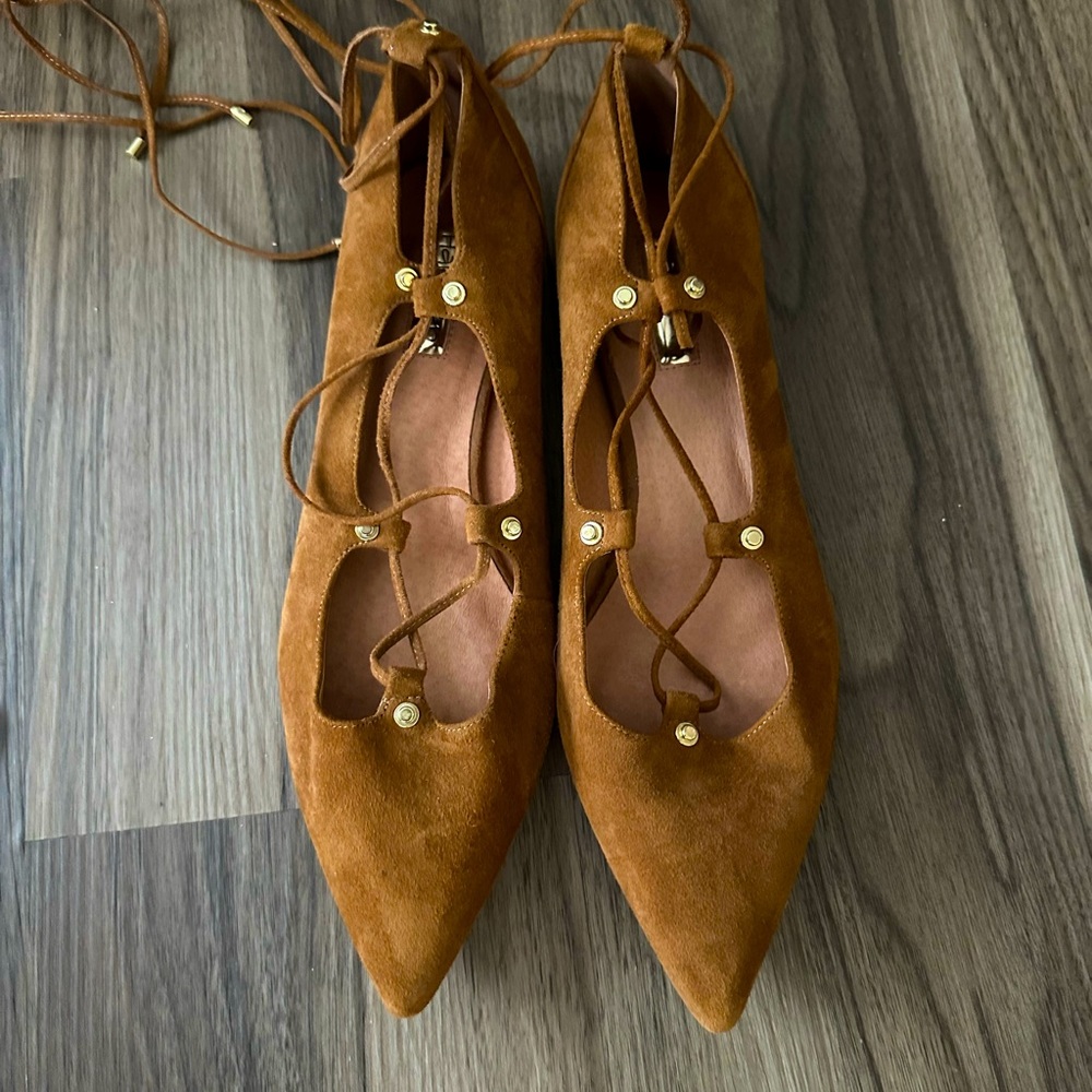 Halogen Tan pointed toe flats with wrap up ankle straps